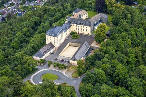 Aerial view, Wittgenstein Castle in the forest, Wittgenstein art, Bad Laasphe, Wittgensteiner Land,