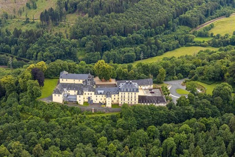 Aerial view, Wittgenstein Castle in the forest, Wittgenstein art, Bad Laasphe, Wittgensteiner Land,