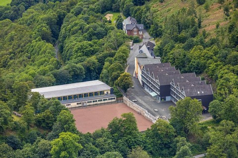 Aerial view, Wittgenstein Castle, grammar school and secondary school in the forest, Wittgenstein