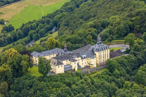 Aerial view, Wittgenstein Castle in the forest, Wittgenstein art, Bad Laasphe, Wittgensteiner Land,