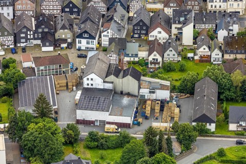 Aerial view, Bosch brewery on the river Laasphe in a residential area, Bad Laasphe, Wittgensteiner