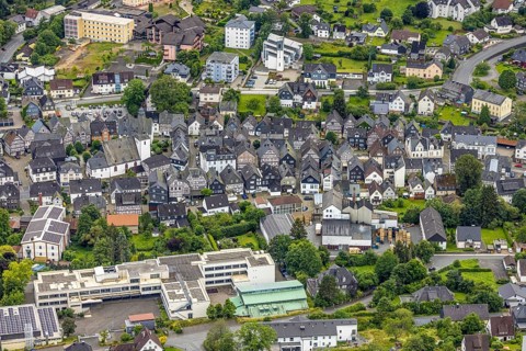 Aerial view, Municipal grammar school, old town with historic houses and protestant town church,