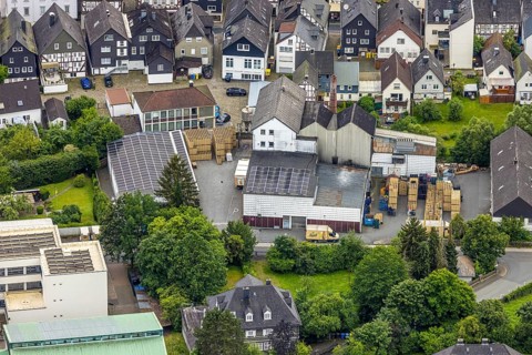 Aerial view, Bosch Brewery on the river Laasphe in a residential area, Bad Laasphe, Wittgensteiner