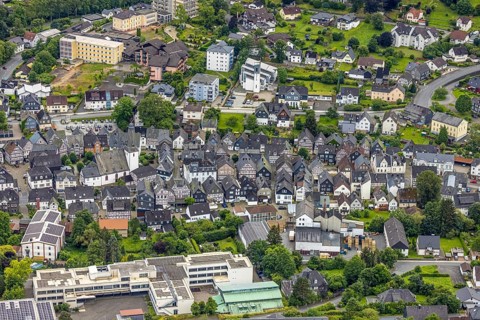 Aerial view, municipal grammar school, old town with historic houses and protestant town church,