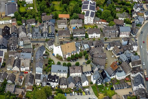 Aerial view, protestant town church and church square in the town centre with historic