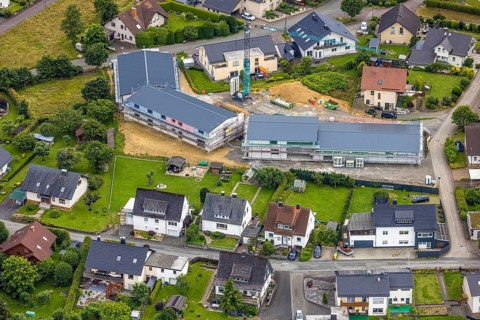Aerial view, construction site and new construction senior citizens' park between Oberer Wallachei