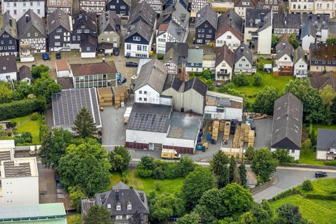 Aerial view, Bosch brewery at the river Laasphe in the residential area, Bad Laasphe,