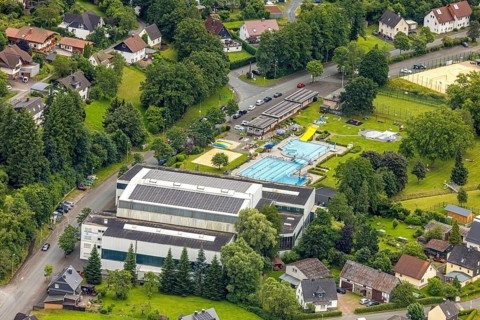 Aerial view, Wabachbad, outdoor pool and sunbathing area, children's pool, Bad Laasphe,