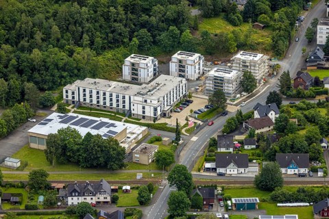 Aerial view, construction site with new urban villas and flats, on the site of the former secondary