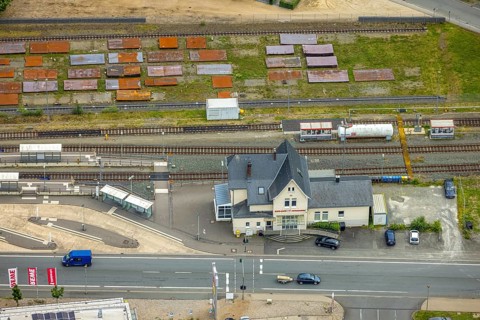 Aerial view, Bad Laasphe railway station and station building, Bad Laasphe, Wittgensteiner Land,