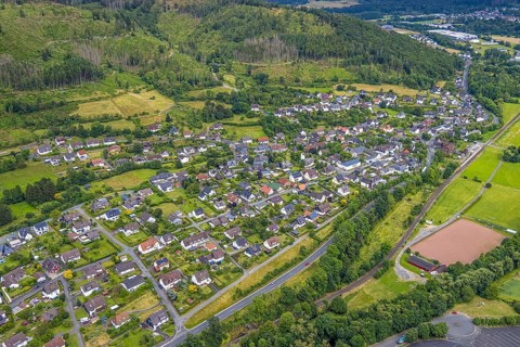 Aerial view, sports field Niederlaasphe, Niederlaasphe SG, residential area local view at the