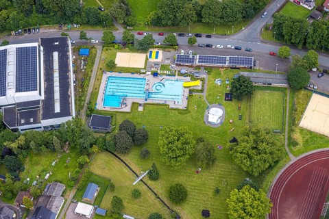 Aerial view, Wabachbad, outdoor pool and sunbathing area, children's pool, Bad Laasphe,