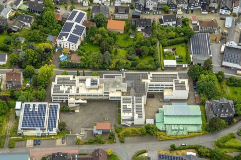 Aerial view, Städt. Gymnasium with solar roof, Bad Laasphe, sports hall TV Laasphe 1863 e.V.,