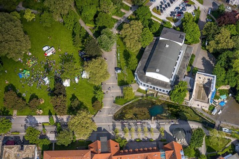 Aerial view, Bad Lippspringe Congress Centre, Arminius Park with castle ruins and river Lippequelle