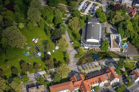 Aerial view, Congress Centre Bad Lippspringe, Arminius Park with castle ruins and river Lippequelle