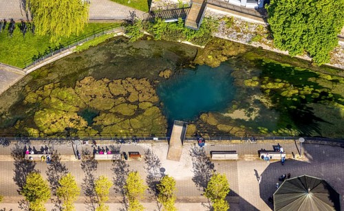 Aerial view, river Lippe spring in Arminiuspark at the congress centre, Bad Lippspringe, East