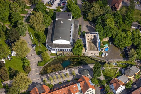 Aerial view, Congress Centre Bad Lippspringe, Arminiuspark with castle ruins and river Lippequelle