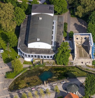 Aerial view, Congress Centre Bad Lippspringe, Arminiuspark with castle ruins and river Lippequelle