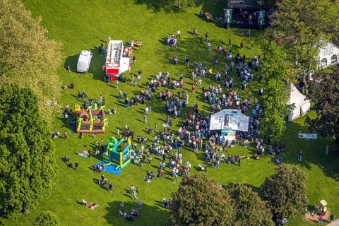 Aerial view, Father's Day festival in Arminius Park at the Congress Centre, visitors on the meadow,