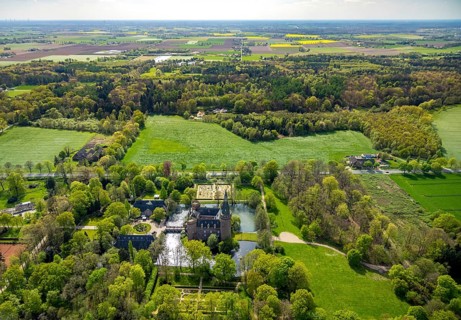 Aerial view, Museum Schloss Moyland, neo-Gothic moated castle and castle park surrounded by meadows