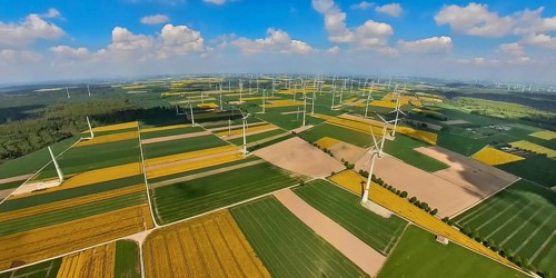 Aerial view, wind park and wind farm, wind turbine, wind turbines and tiled meadows and fields near