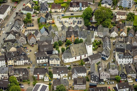 Aerial view, protestant town church and church square in the town centre with historic