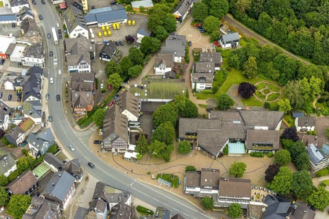 Aerial view, Mushroom Museum at Wilhelmsplatz, Bad Laasphe, Wittgensteiner Land, North