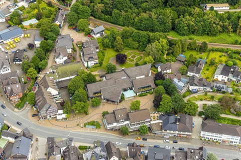 Aerial view, Mushroom Museum at Wilhelmsplatz, gardens and railway line, Bad Laasphe,