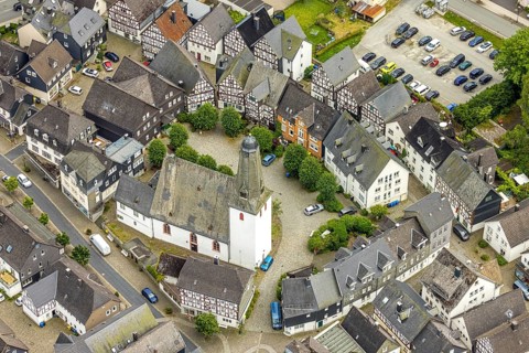 Aerial view, protestant town church and church square in the town centre with historic