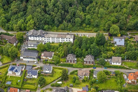 Aerial view, Panorama-Hotel Lahnblick, at the forest, Bad Laasphe, Wittgensteiner Land, North