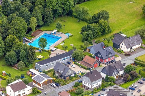 Aerial view, outdoor swimming pool Feudingen, Bad Laasphe, Wittgensteiner Land, North