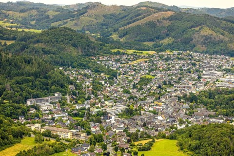 Aerial view, local view and residential area, hilly landscape of Waldeck, forest area with forest