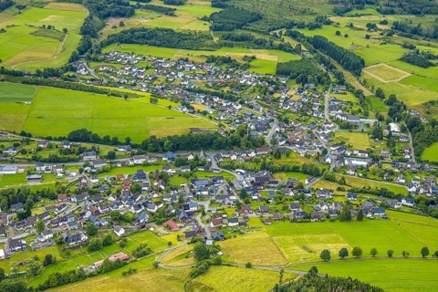 Aerial view, aerial view residential area Banfe, meadows and fields, Banfe, Bad Laasphe,