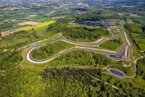 Aerial view, Bilster Berg race track, test track and presentation track, park-like terrain with
