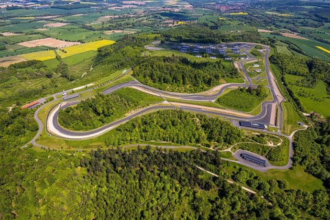 Aerial view, Bilster Berg race track, test track and presentation track, park-like terrain with
