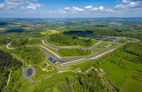 Aerial view, Bilster Berg race track, test track and presentation track, park-like terrain with
