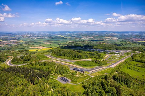 Aerial view, Bilster Berg race track, test track and presentation track, park-like terrain with