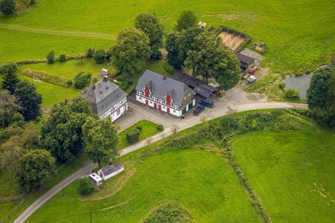 Aerial view, forester's lodge Homrighausen, hunting dogs, half-timbered house, Bad Berleburg,