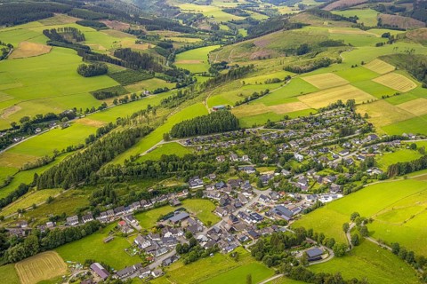 Aerial view, aerial view residential area Im Oberdorf, meadows and fields, residential area Am