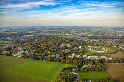 Aerial view, view LVR-Klinik Bedburg-Hau clinic grounds in autumnal forest, right Forensic