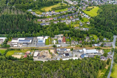 Aerial view, Friedrichshütte industrial estate and Lindenstraße on the railway line, Schuleborn