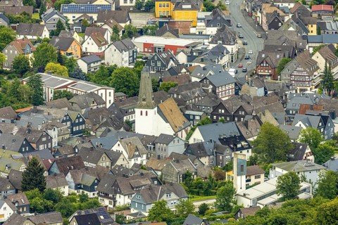 Aerial view, evang. Town church and church square in the town centre with historic half-timbered