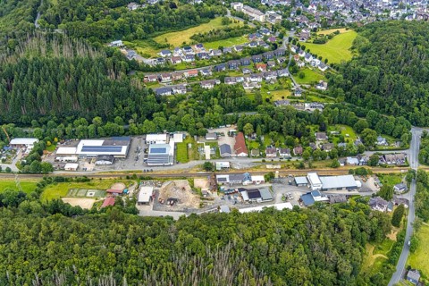 Aerial view, Friedrichshütte industrial estate and Lindenstraße on the railway line, Schuleborn