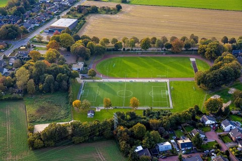 Aerial view, sports field and football stadium SV 1923/27 e. V. Bedburg-Hau, above the Dietmar