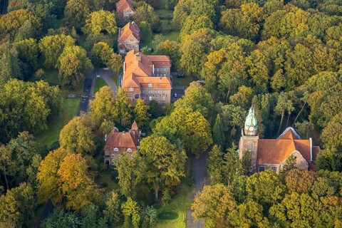 Aerial view, LVR Clinic, LVR Clinic Church, Hau, Bedburg-Hau, Lower Rhine, North Rhine-Westphalia,