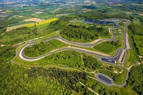 Aerial view, Bilster Berg race track, test track and presentation track, park-like terrain with