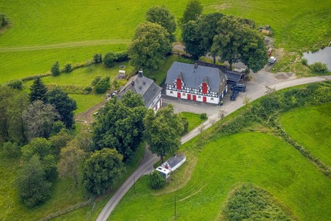 Aerial view, Homrighausen forester's lodge, hunting dogs, half-timbered house, Bad Berleburg,