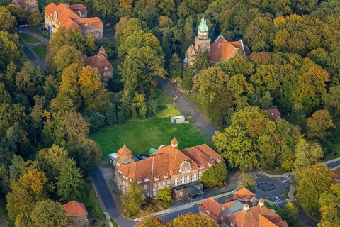 Aerial view, LVR Clinic, House of Economic Administration and Kitchen at Buchenweg roundabout, LVR