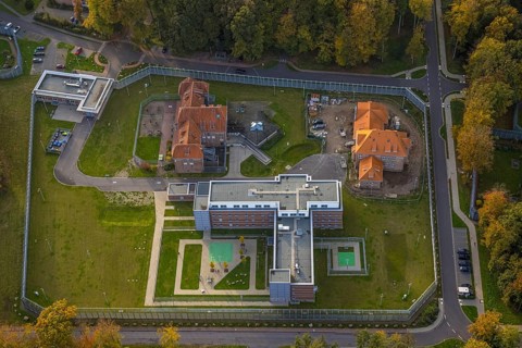 Aerial view, LVR Clinic, new woman's forensic clinic building, Zum Gutshof, Hau, Bedburg-Hau, Lower