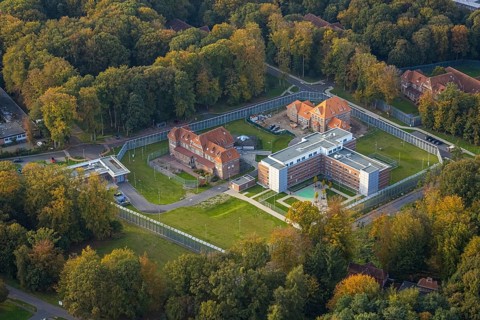 Aerial view, LVR Clinic, new clinic building woman's forensics, Zum Gutshof, Hau, Bedburg-Hau,